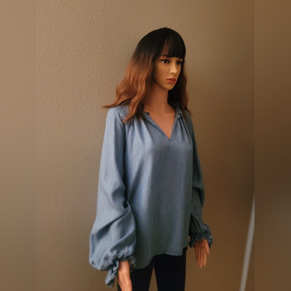 Who What Wear Blue Oversized Blouse with V-neckline and Bishop Sleeves